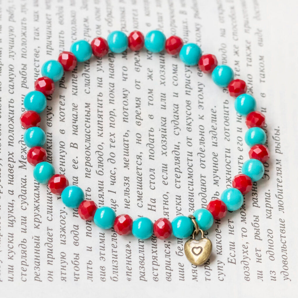 Cranberry Red and Light Blue Beveled Bracelet with Charm, Style 041