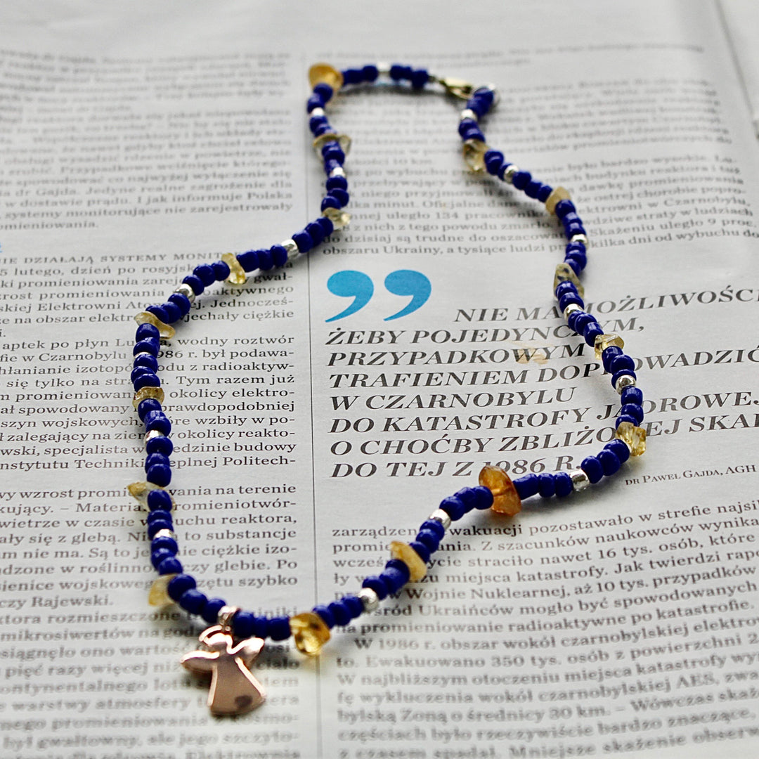 Blue and Yellow Necklace with Angel Charm