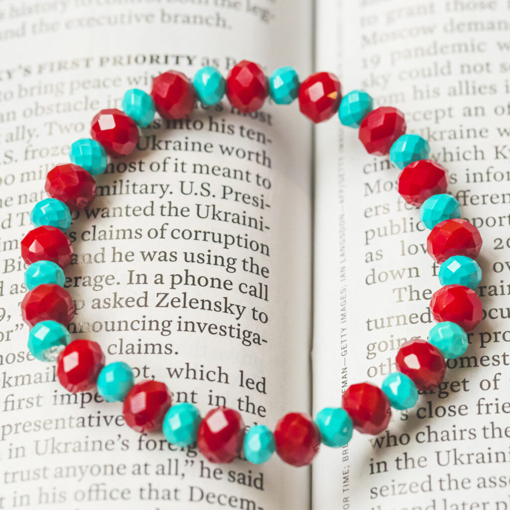 Cranberry Red and Light Blue Beveled Bracelet, Style 038