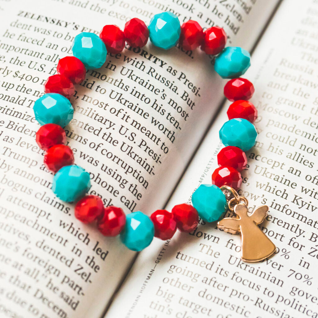Cranberry Red and Light Blue Beveled Bracelet with Charm, Style 039