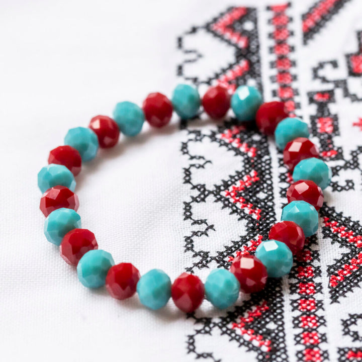 Cranberry Red and Light Blue Beveled Bracelet, Style 038