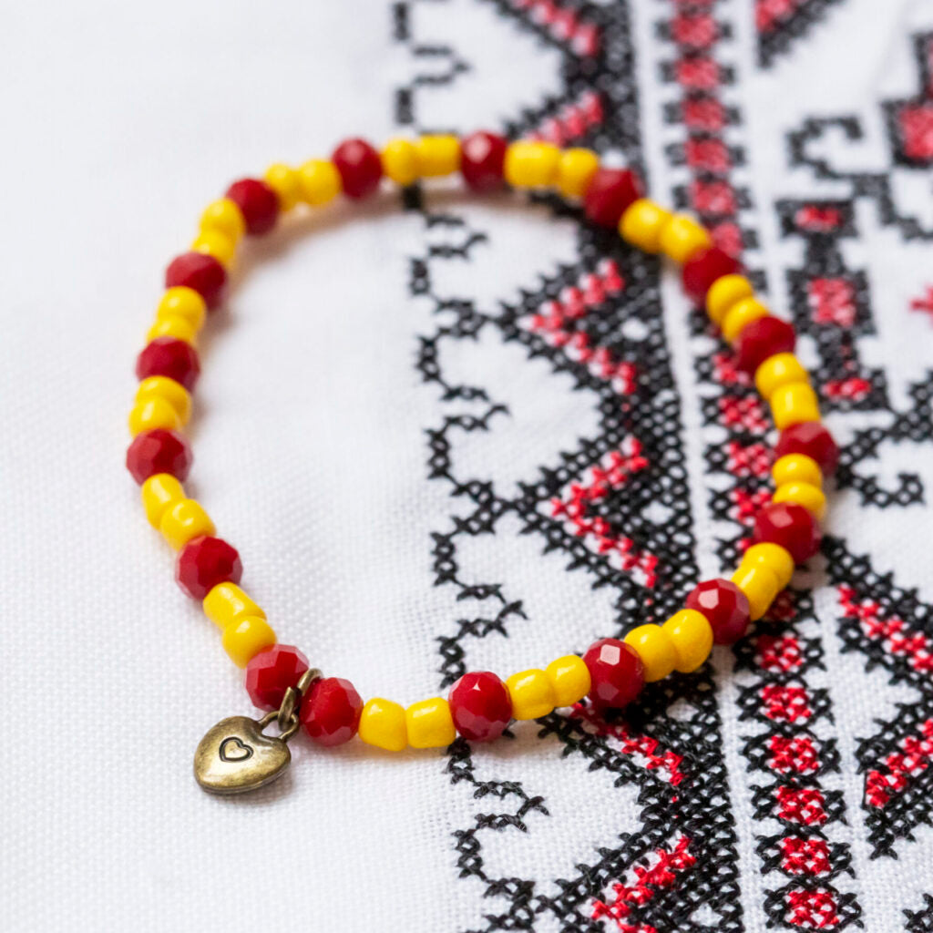 Cranberry Red and Yellow Bracelet with Charm, Style 078